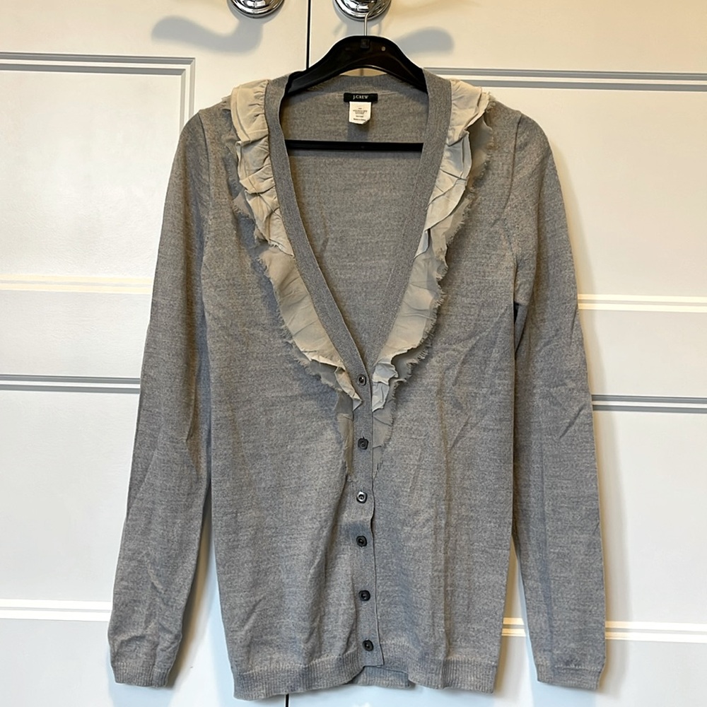 J.Crew Merino Whisper Ruffle Cardigan (Light Grey)